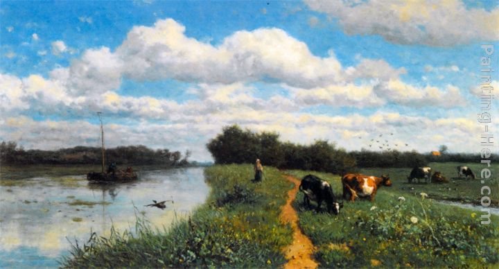 Cows Grazing Near a Canal, Schiedam painting - Willem Roelofs Cows Grazing Near a Canal, Schiedam art painting